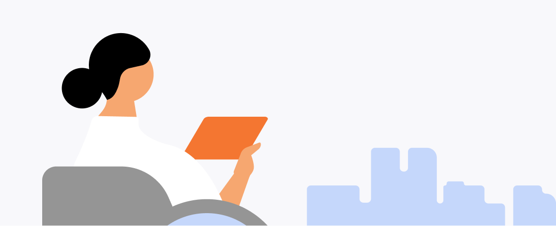 車いすに乗った白い服を着た女性がタブレットを持っている様子を表したイラスト。